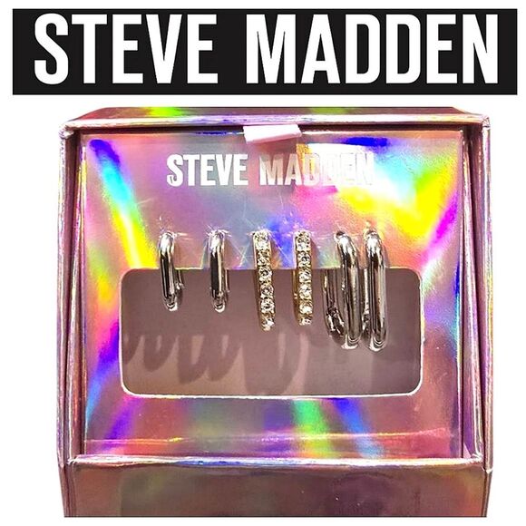 Steve Madden Silver/Rhinestone Hoop Earring Set of 3 - Picture 1 of 7